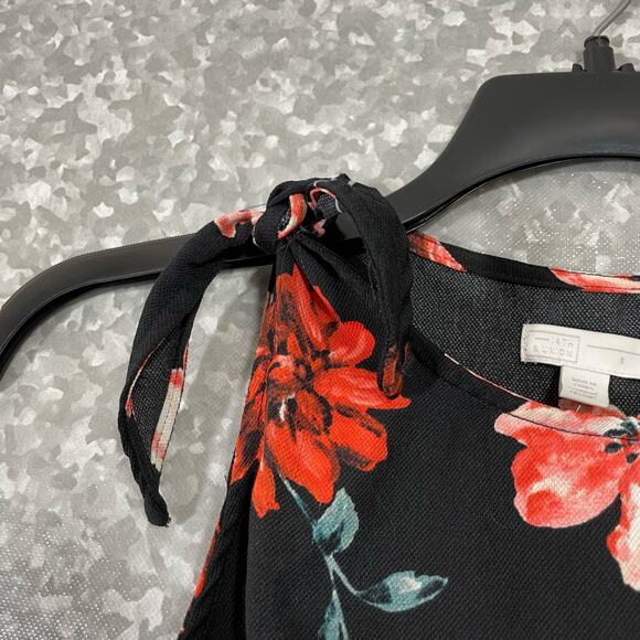 14th & Union Black & Pink Floral Sleeveless Blouse - Size 8 - Shoulder Tie Top - Picture 4 of 7